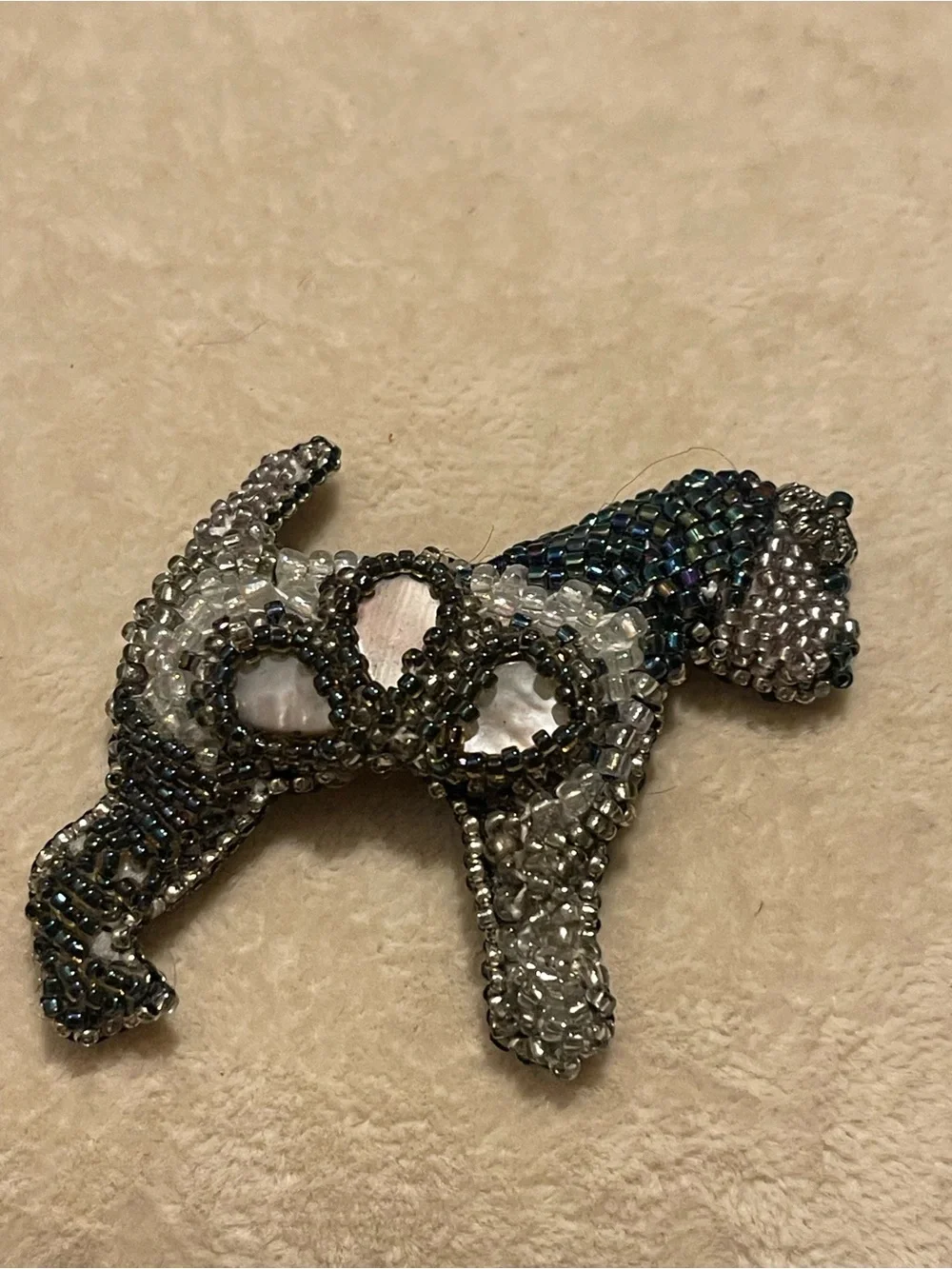 Beaded Terrier Dog Brooch in Iridescent Silver and Gray